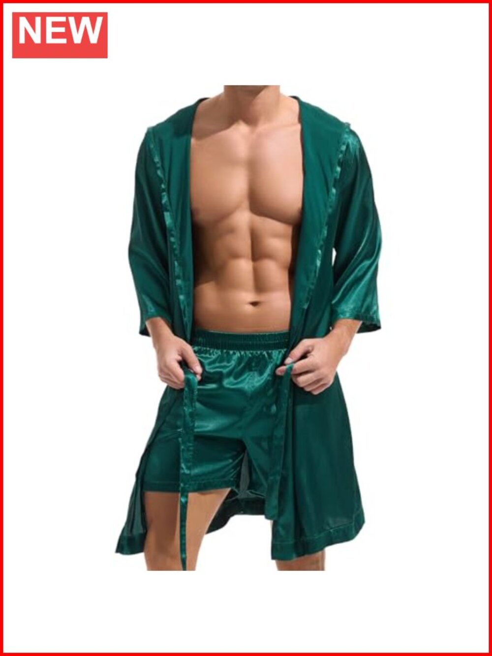 Men's Satin Robe with Shorts Set 2-Piece Hooded Bathrobe Silky Sleepwear